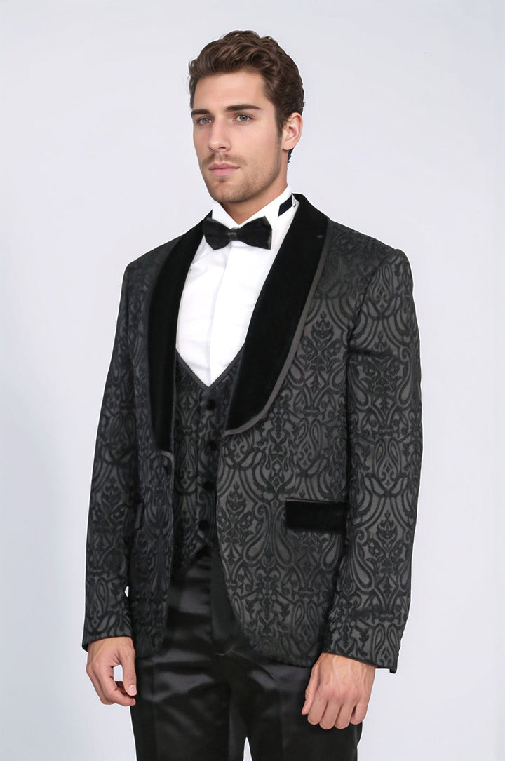 WSS Baroque Patterned Velvet Shawl Collar Vest With Black Tuxedo - Sumy