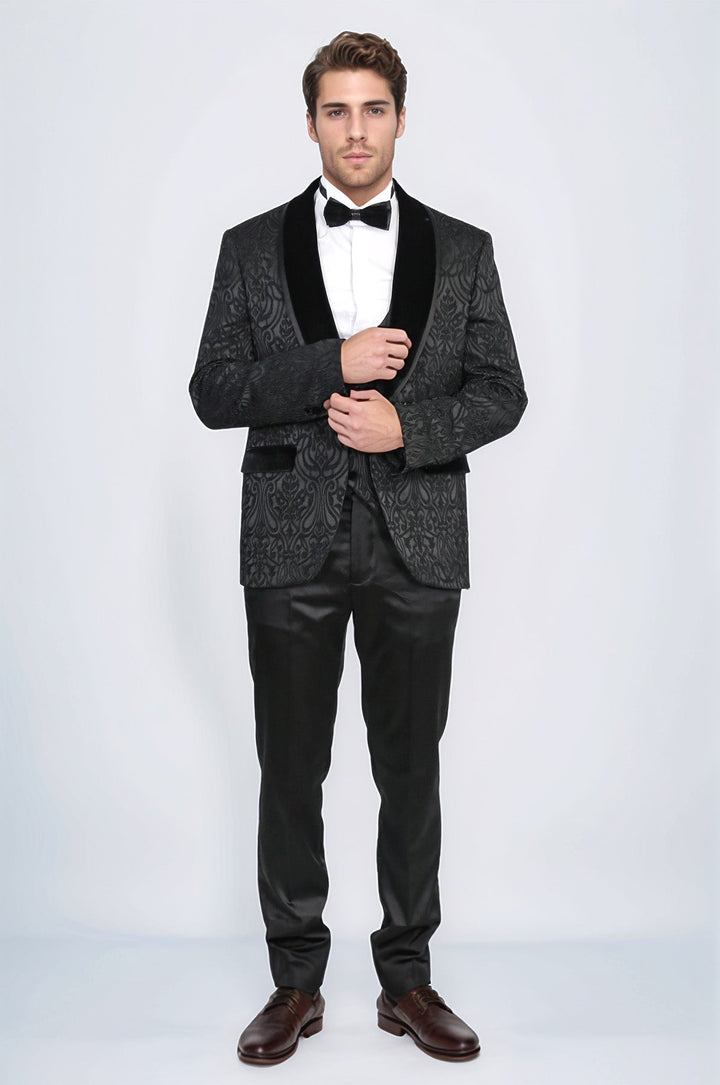 WSS Baroque Patterned Velvet Shawl Collar Vest With Black Tuxedo - Sumy