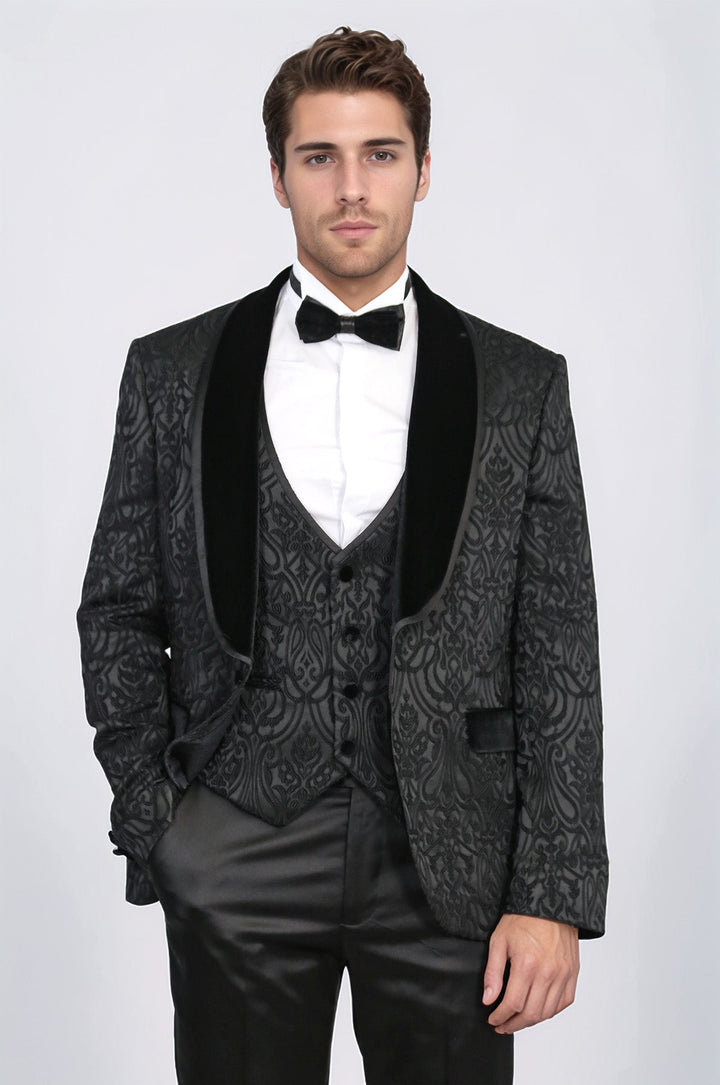 WSS Baroque Patterned Velvet Shawl Collar Vest With Black Tuxedo - Sumy