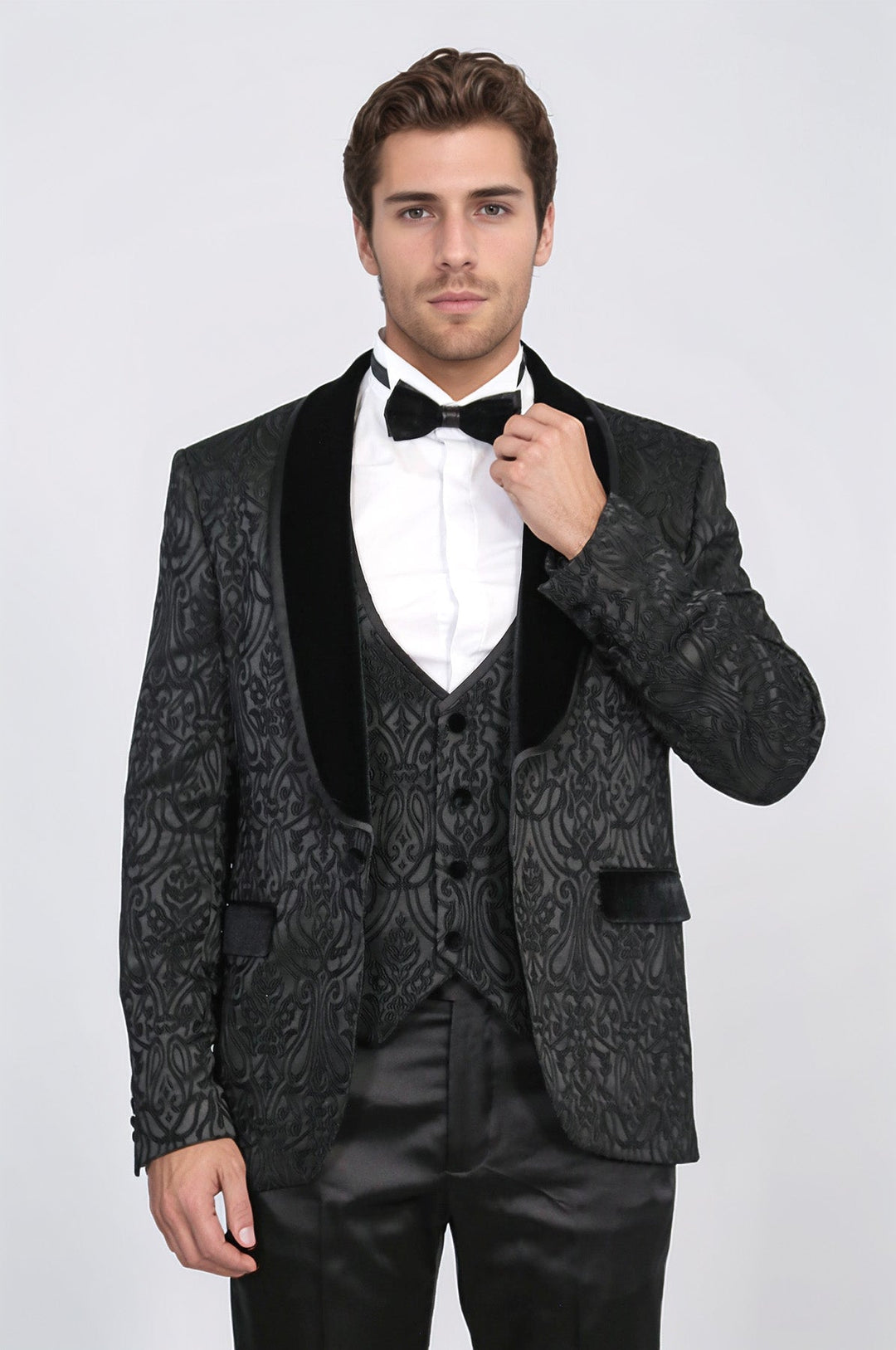 WSS Baroque Patterned Velvet Shawl Collar Vest With Black Tuxedo - Sumy