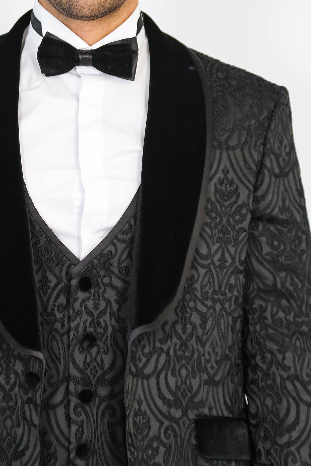 WSS Baroque Patterned Velvet Shawl Collar Vest With Black Tuxedo - Sumy
