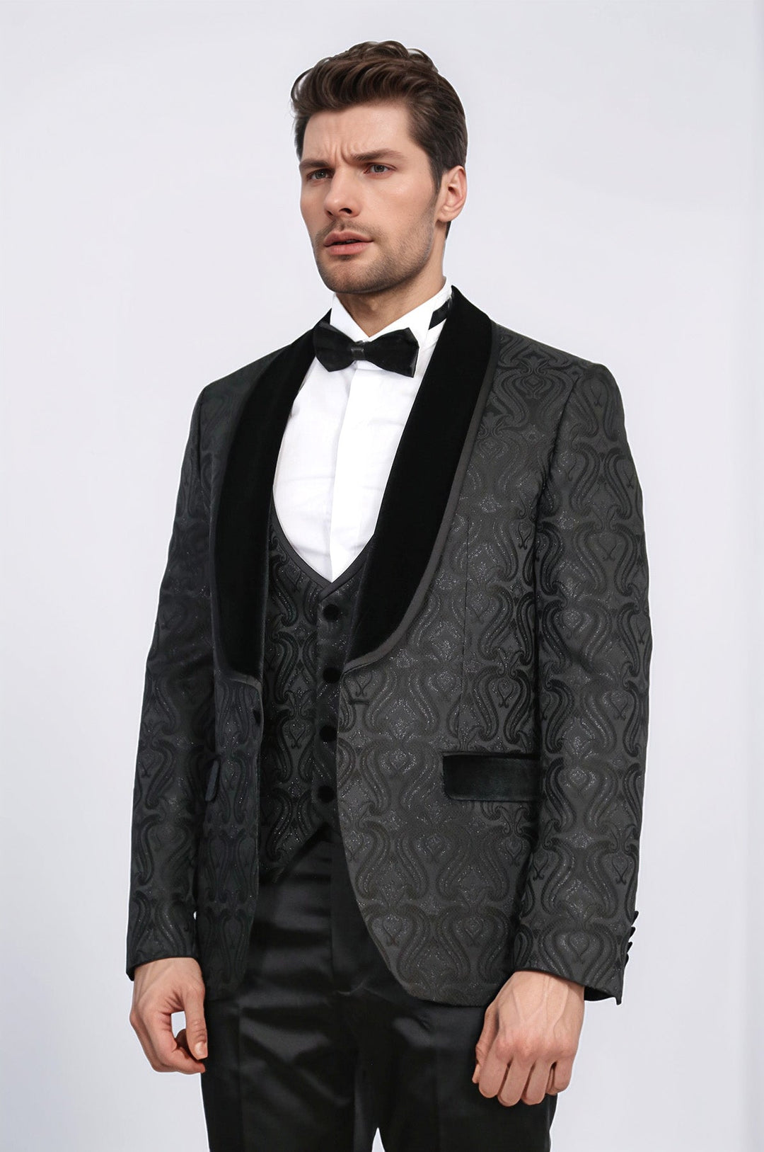 WSS Baroque Patterned Velvet Shawl Collar Vested Glittery Black Tuxedo  - Lancaster