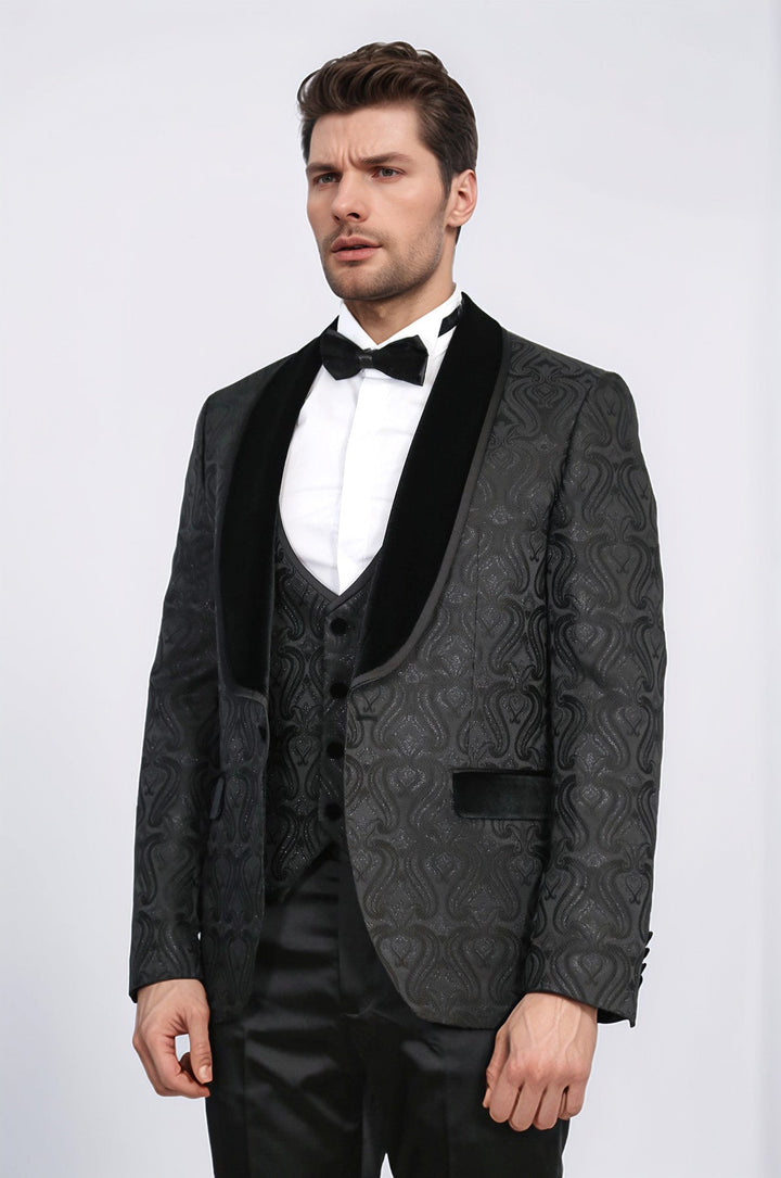 WSS Baroque Patterned Velvet Shawl Collar Vested Glittery Black Tuxedo  - Lancaster