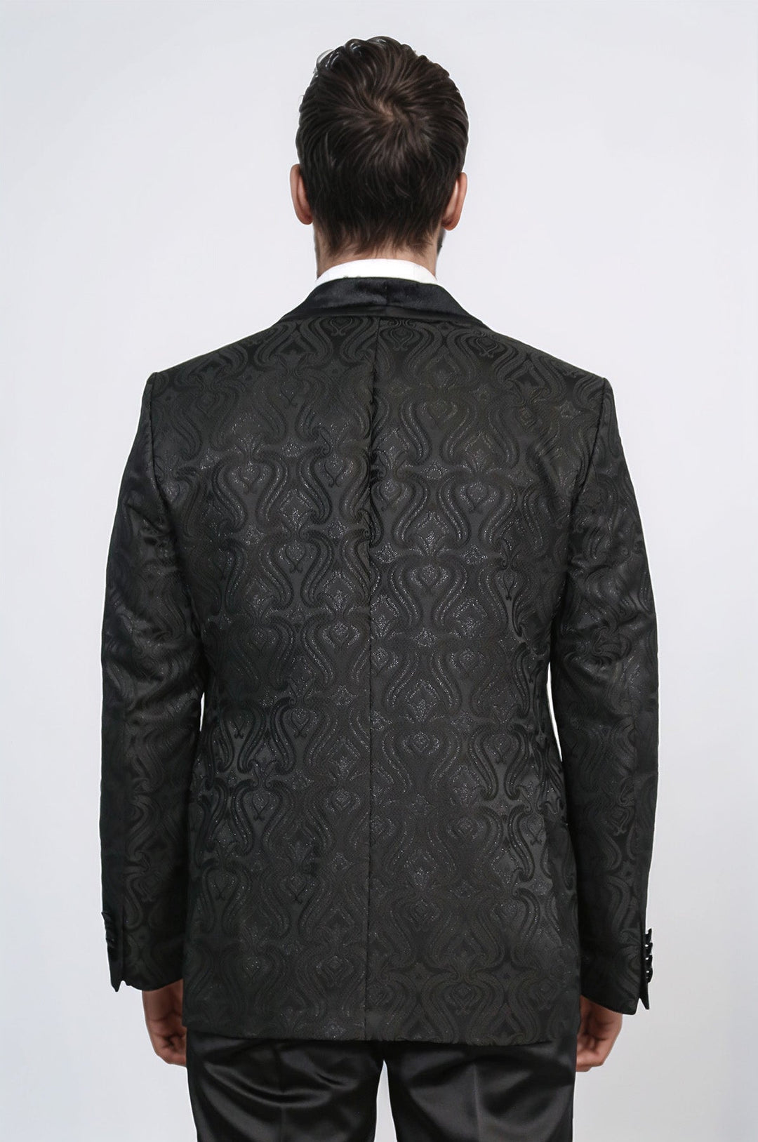 WSS Baroque Patterned Velvet Shawl Collar Vested Glittery Black Tuxedo  - Lancaster