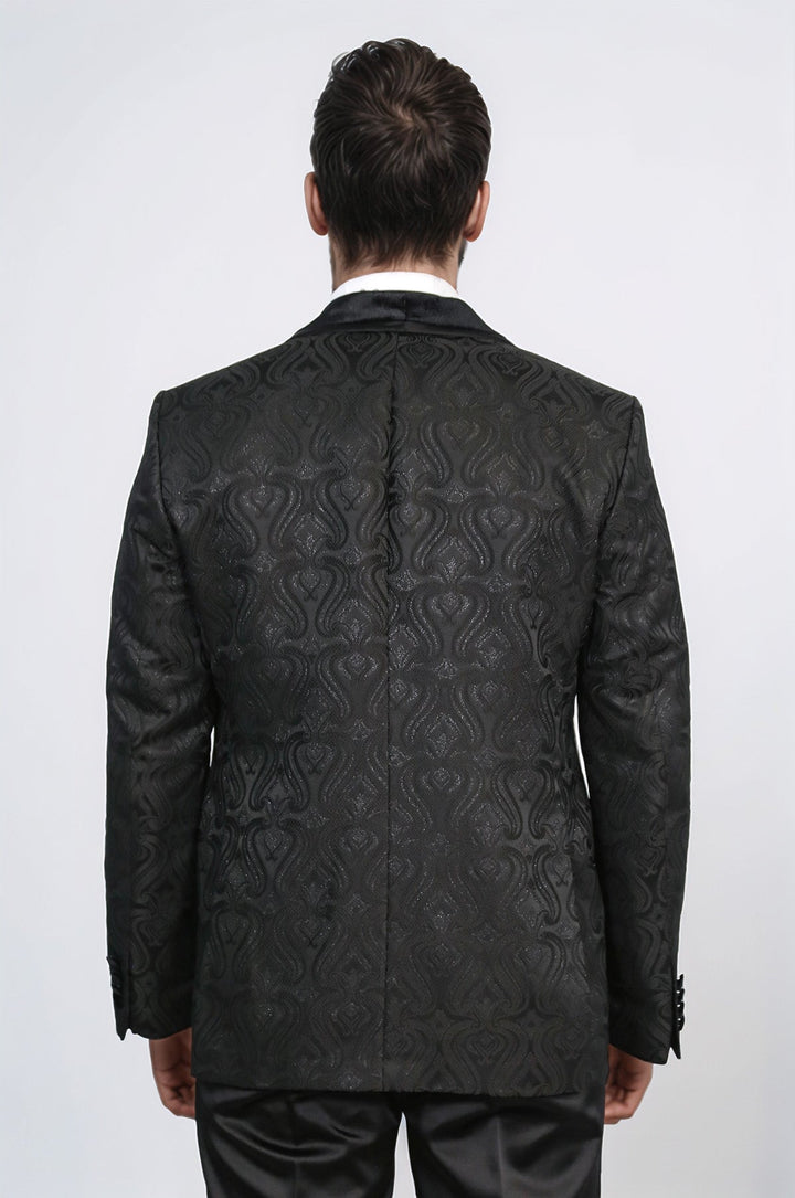 WSS Baroque Patterned Velvet Shawl Collar Vested Glittery Black Tuxedo  - Lancaster