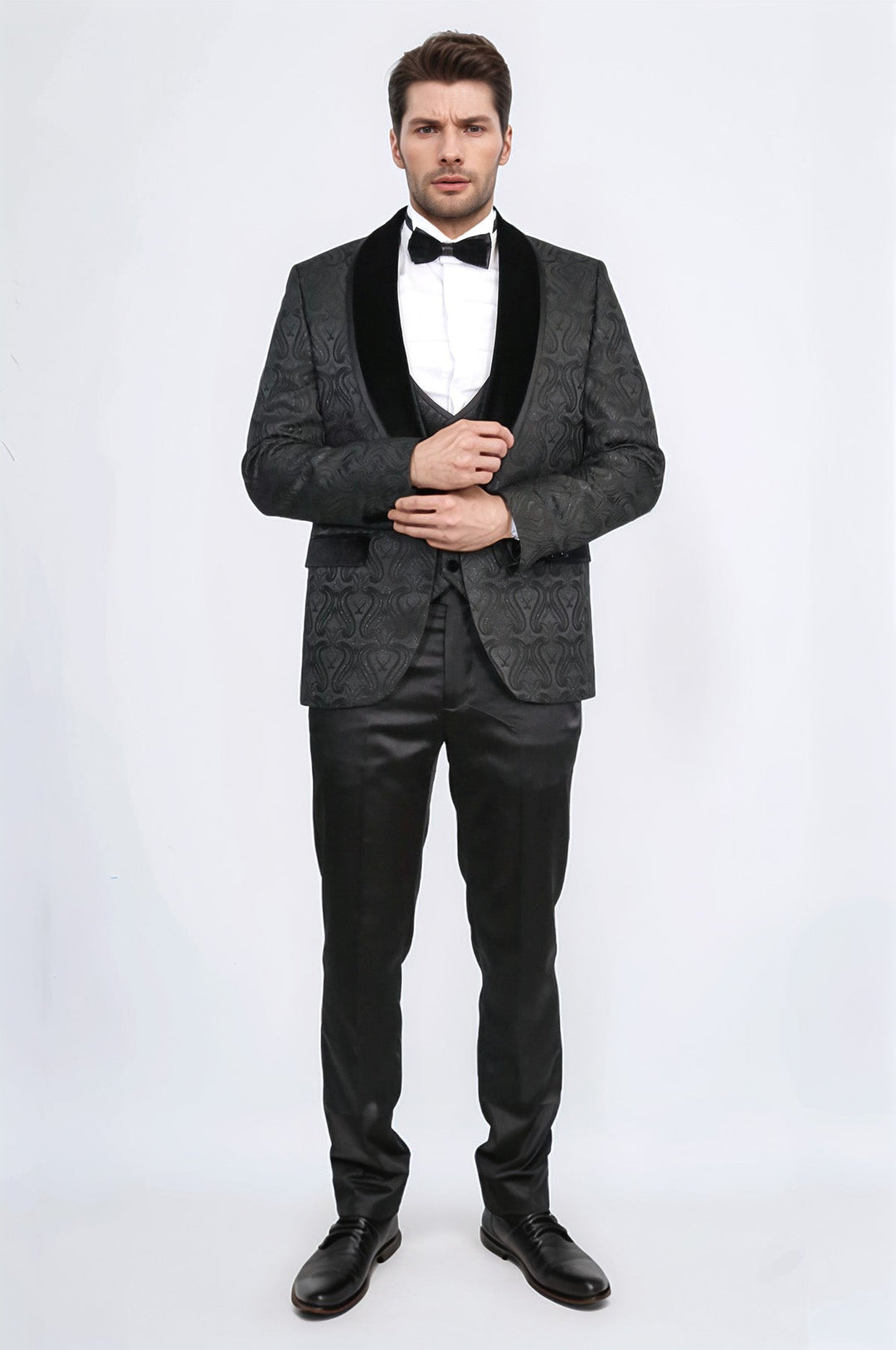 WSS Baroque Patterned Velvet Shawl Collar Vested Glittery Black Tuxedo  - Lancaster