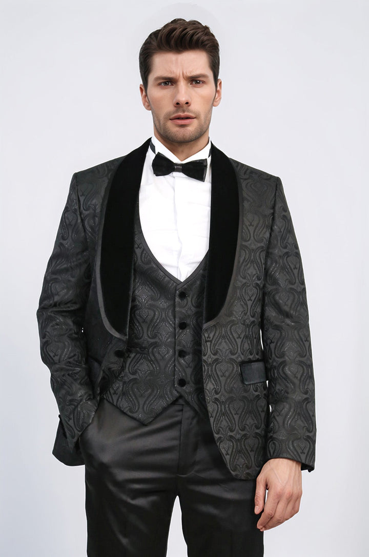 WSS Baroque Patterned Velvet Shawl Collar Vested Glittery Black Tuxedo  - Lancaster