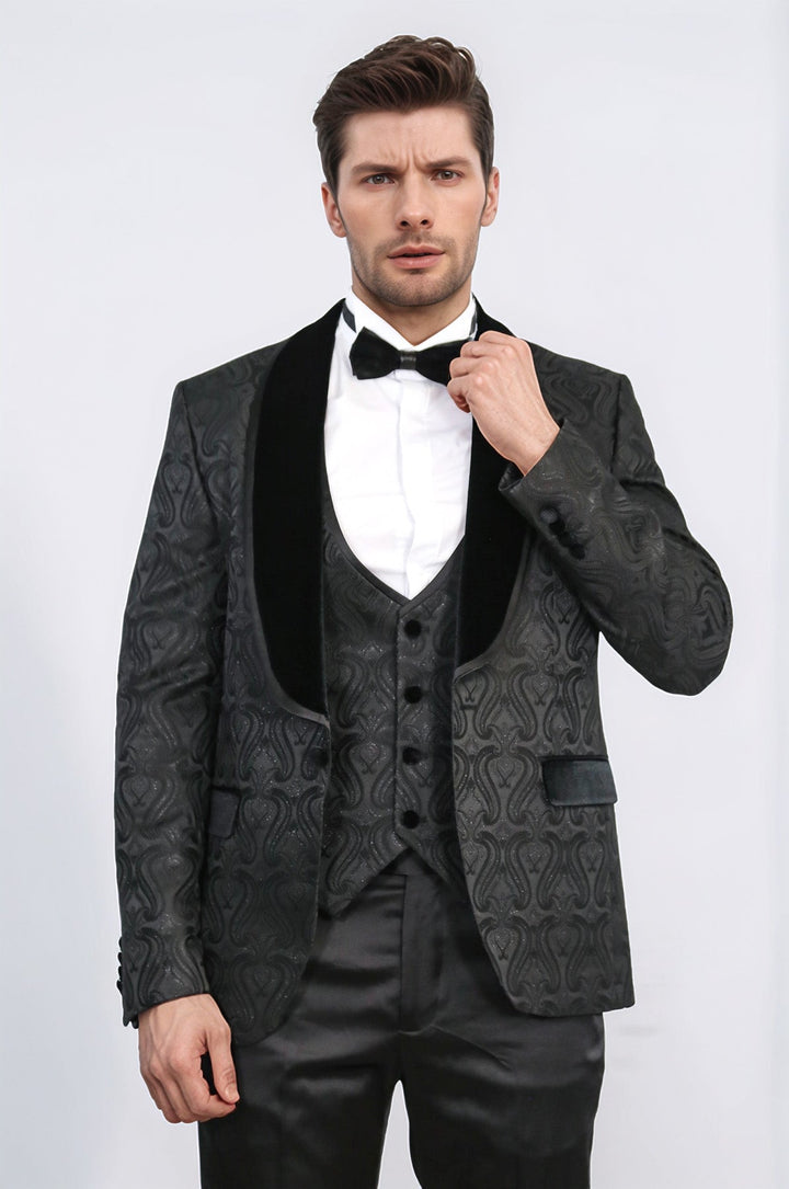 WSS Baroque Patterned Velvet Shawl Collar Vested Glittery Black Tuxedo  - Lancaster