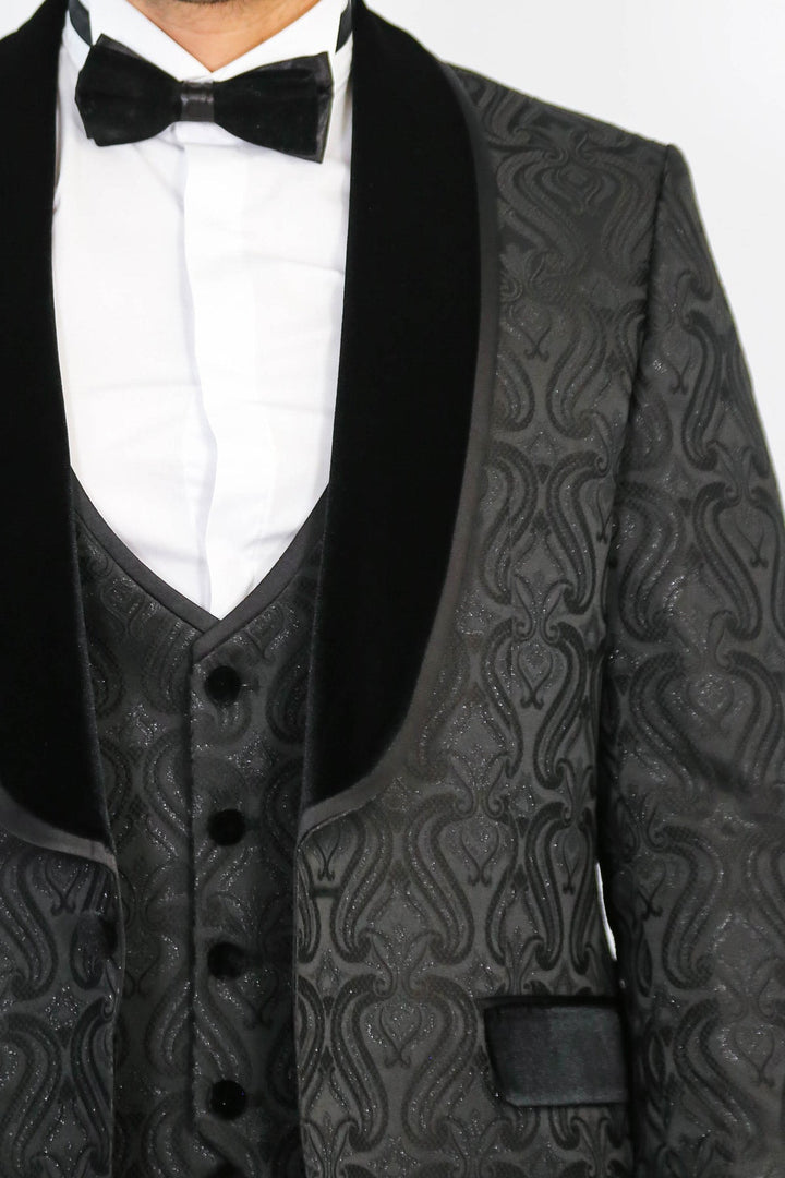 WSS Baroque Patterned Velvet Shawl Collar Vested Glittery Black Tuxedo  - Lancaster