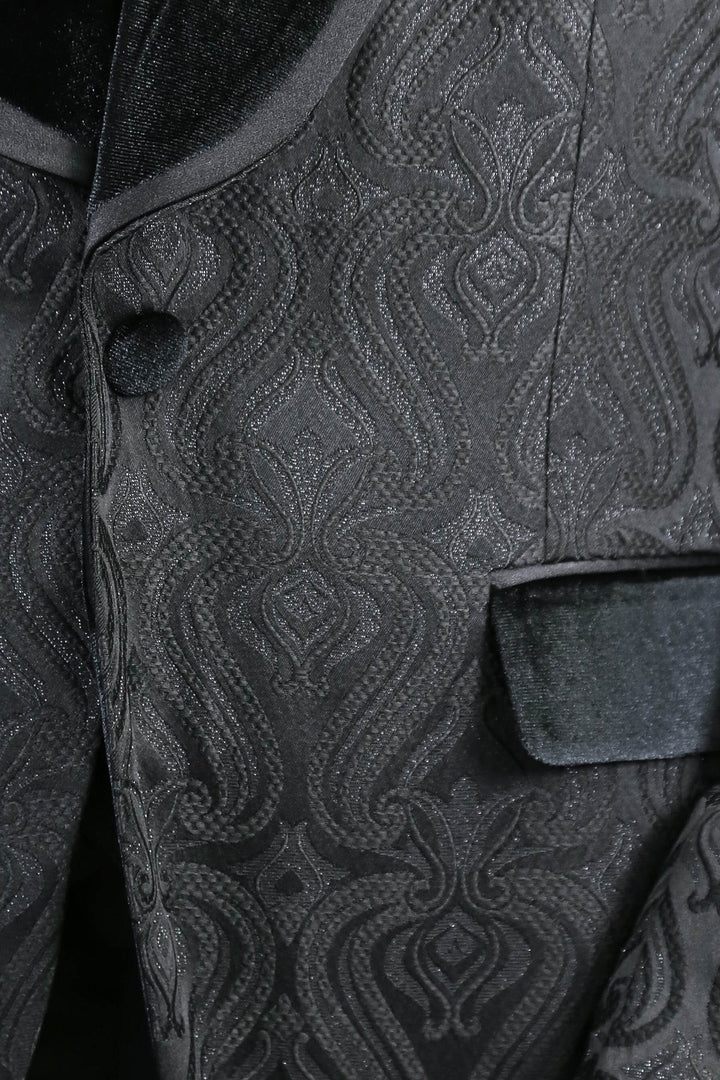 WSS Baroque Patterned Velvet Shawl Collar Vested Glittery Black Tuxedo  - Lancaster