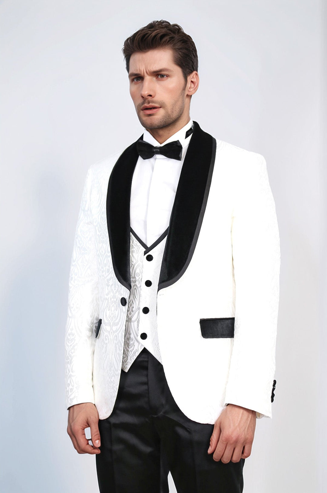 WSS Baroque Patterned Velvet Shawl Collar Vested White Tuxedo  - Châtelet