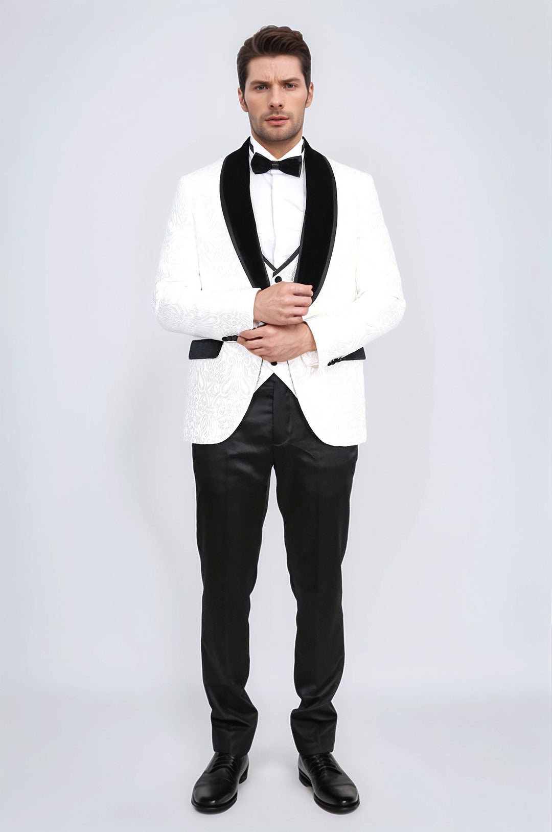 WSS Baroque Patterned Velvet Shawl Collar Vested White Tuxedo  - Châtelet