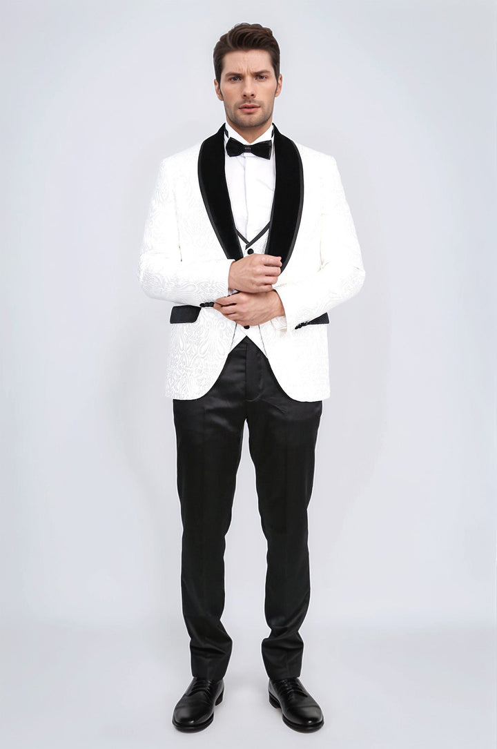 WSS Baroque Patterned Velvet Shawl Collar Vested White Tuxedo  - Châtelet