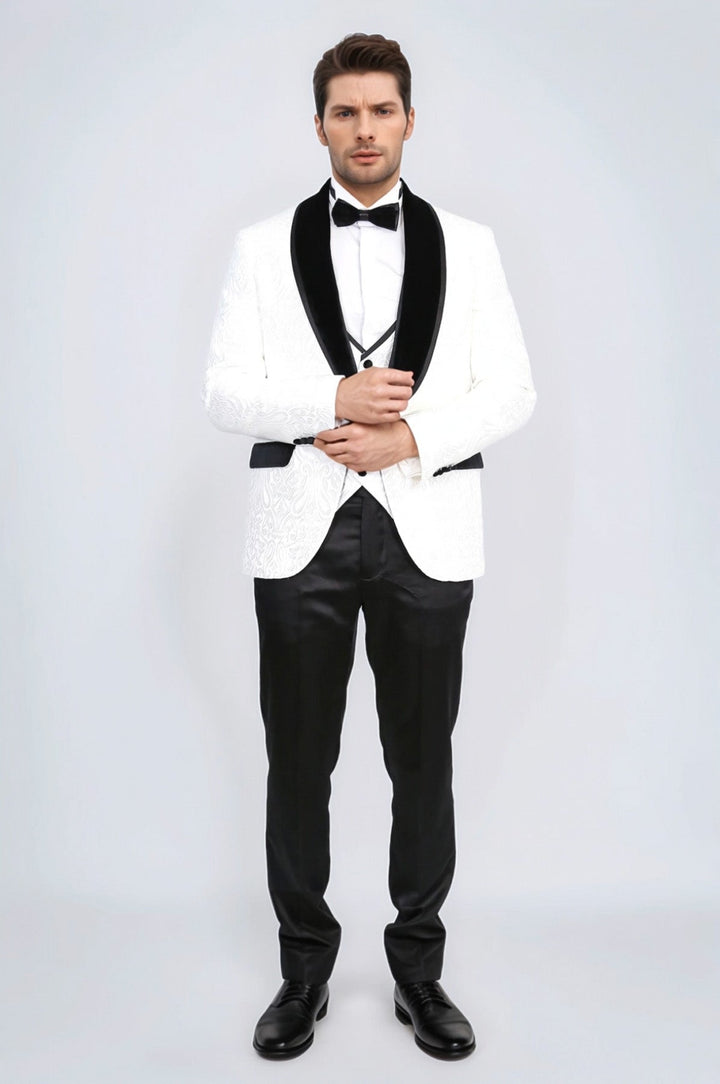 WSS Baroque Patterned Velvet Shawl Collar Vested White Tuxedo  - Châtelet