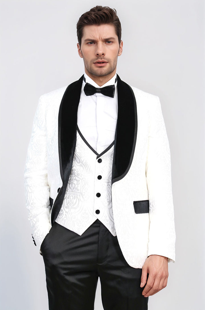 WSS Baroque Patterned Velvet Shawl Collar Vested White Tuxedo  - Châtelet