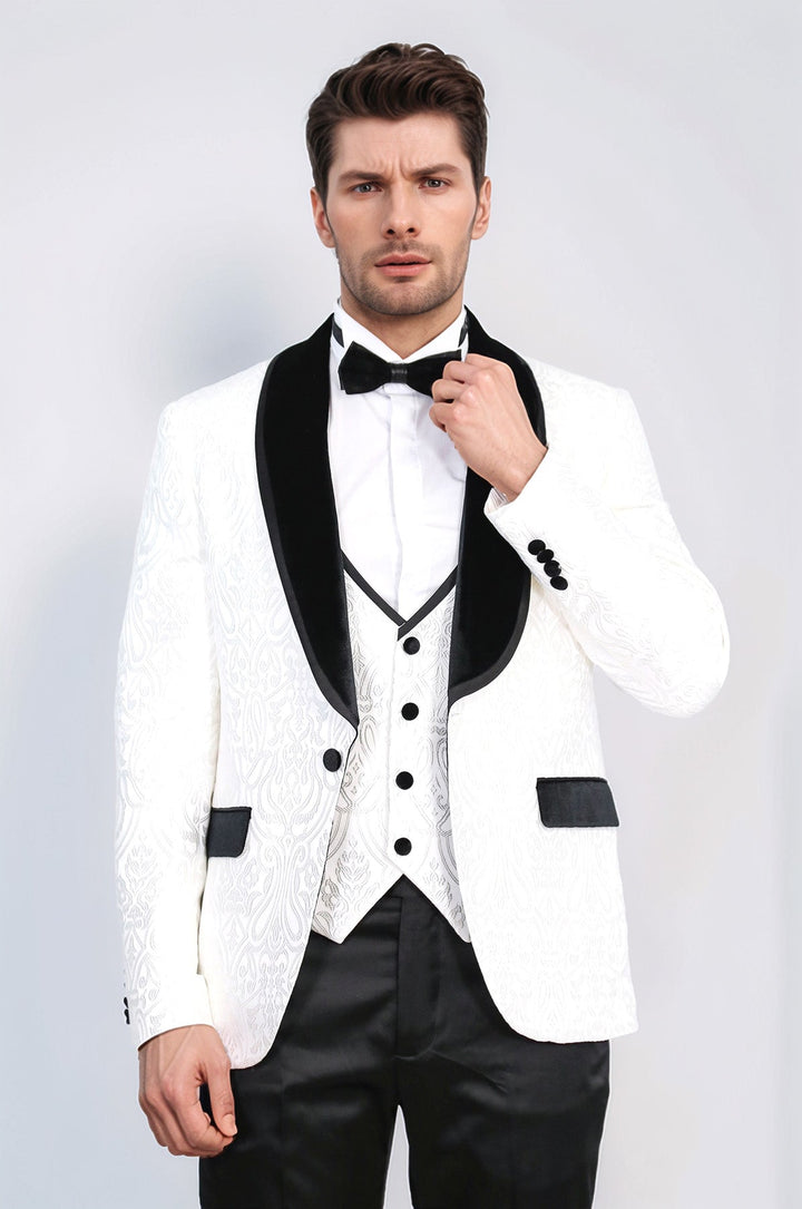 WSS Baroque Patterned Velvet Shawl Collar Vested White Tuxedo  - Châtelet