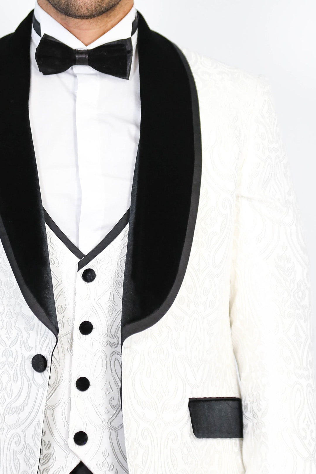 WSS Baroque Patterned Velvet Shawl Collar Vested White Tuxedo  - Châtelet