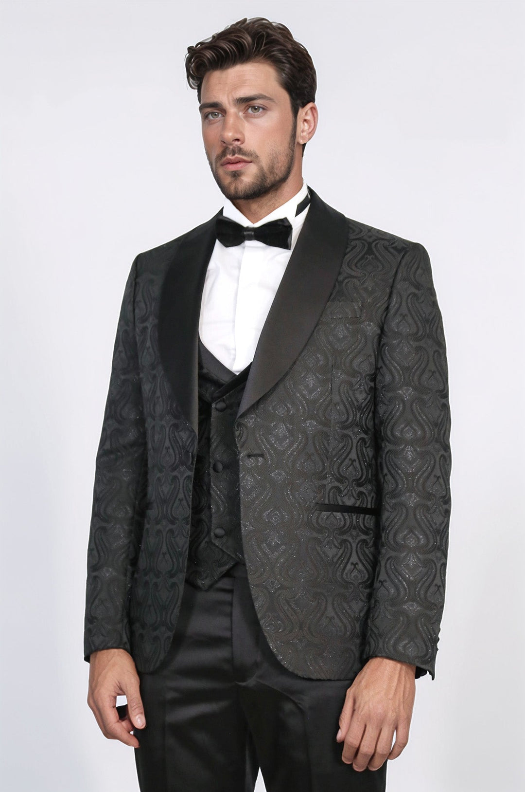WSS Wavy Patterned Shawl Collar Vested Black Tuxedo  - Passaic