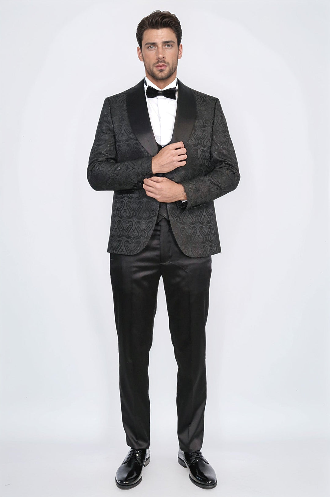 WSS Wavy Patterned Shawl Collar Vested Black Tuxedo  - Passaic
