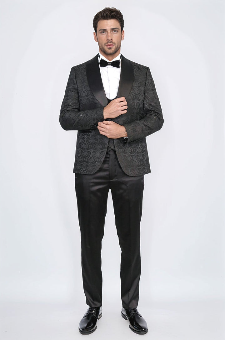 WSS Wavy Patterned Shawl Collar Vested Black Tuxedo  - Passaic