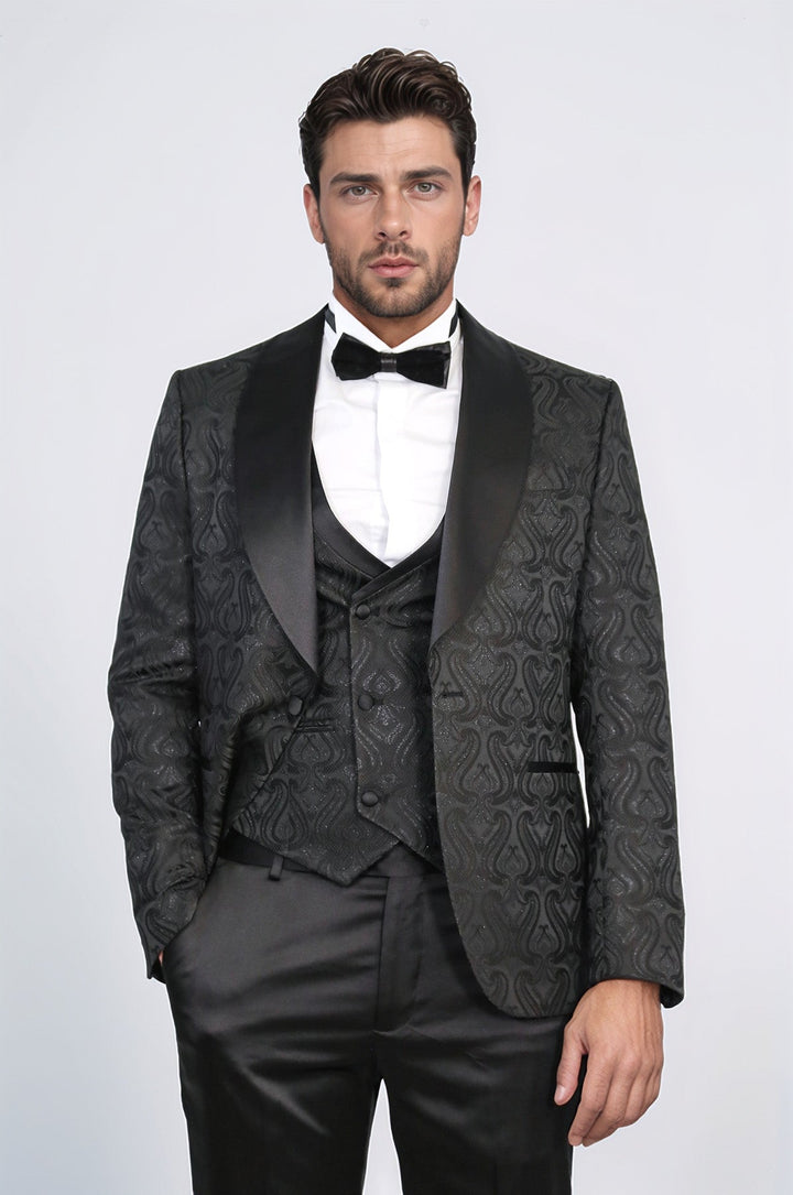 WSS Wavy Patterned Shawl Collar Vested Black Tuxedo  - Passaic