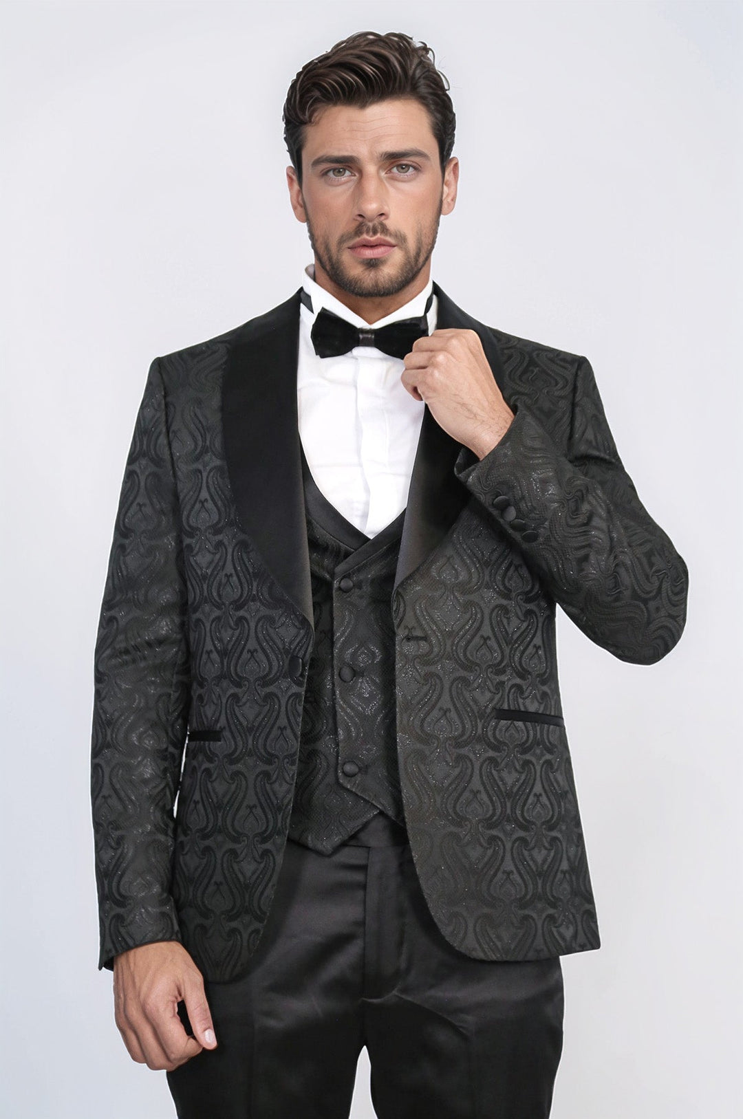 WSS Wavy Patterned Shawl Collar Vested Black Tuxedo  - Passaic