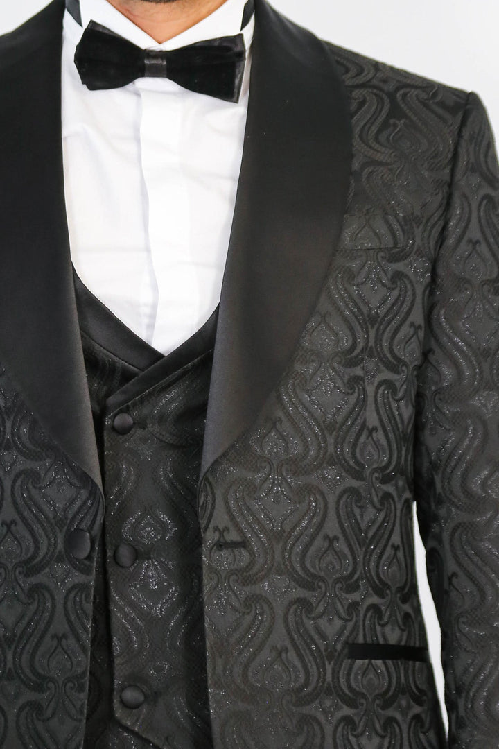 WSS Wavy Patterned Shawl Collar Vested Black Tuxedo  - Passaic