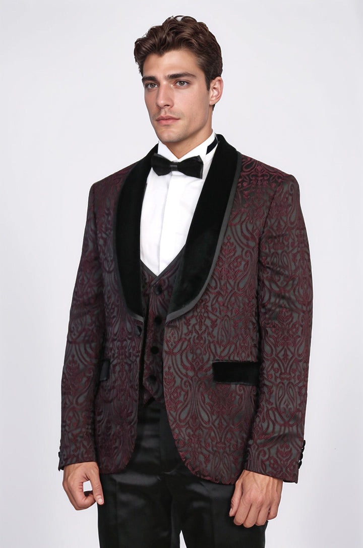 WSS Baroque Patterned Velvet Shawl Collar Vested Burgundy Tuxedo  - Gisborne