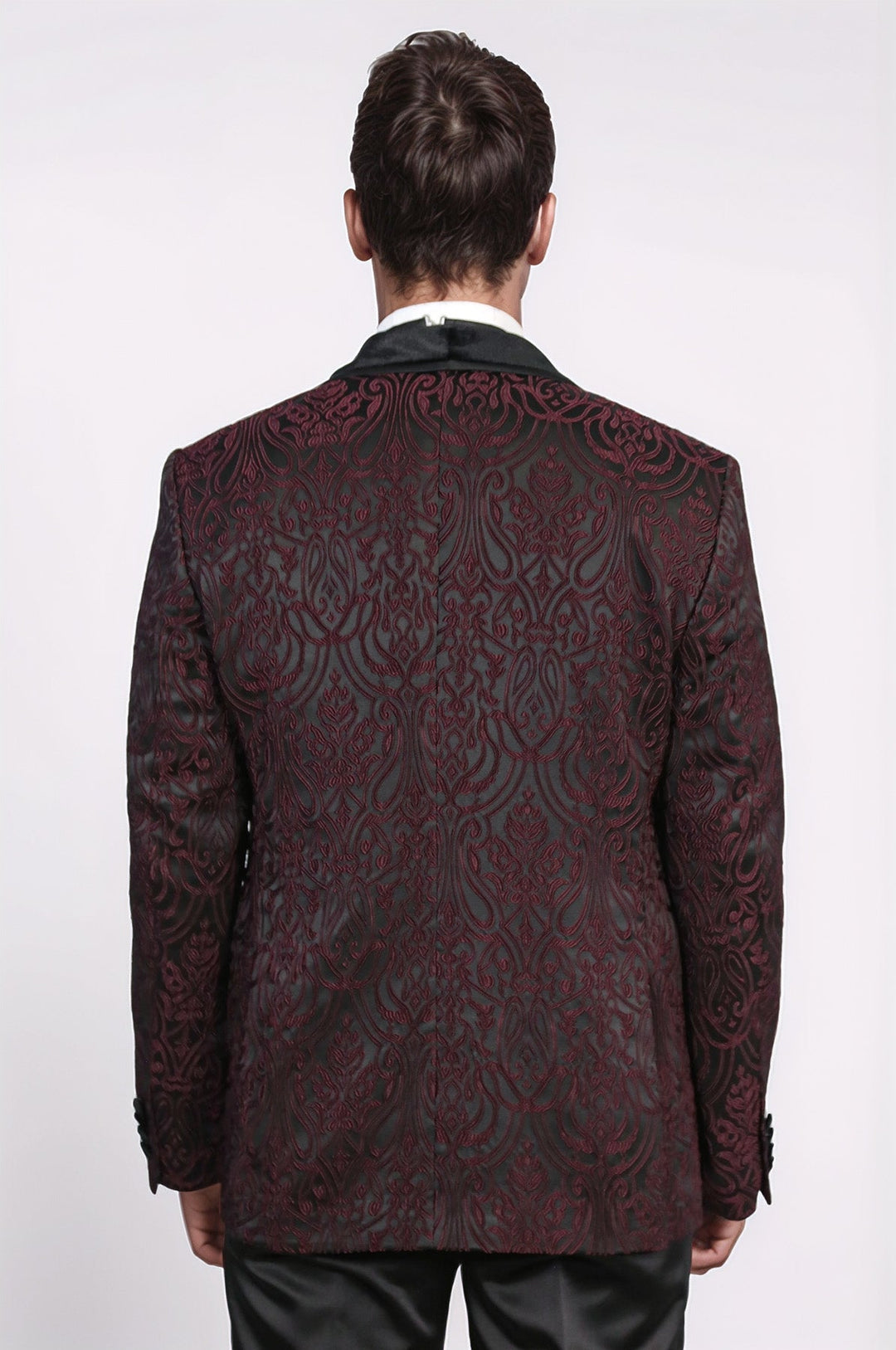 WSS Baroque Patterned Velvet Shawl Collar Vested Burgundy Tuxedo  - Gisborne