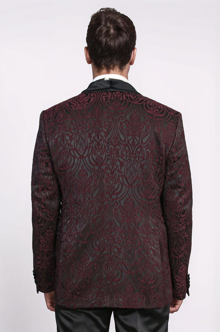 WSS Baroque Patterned Velvet Shawl Collar Vested Burgundy Tuxedo  - Gisborne