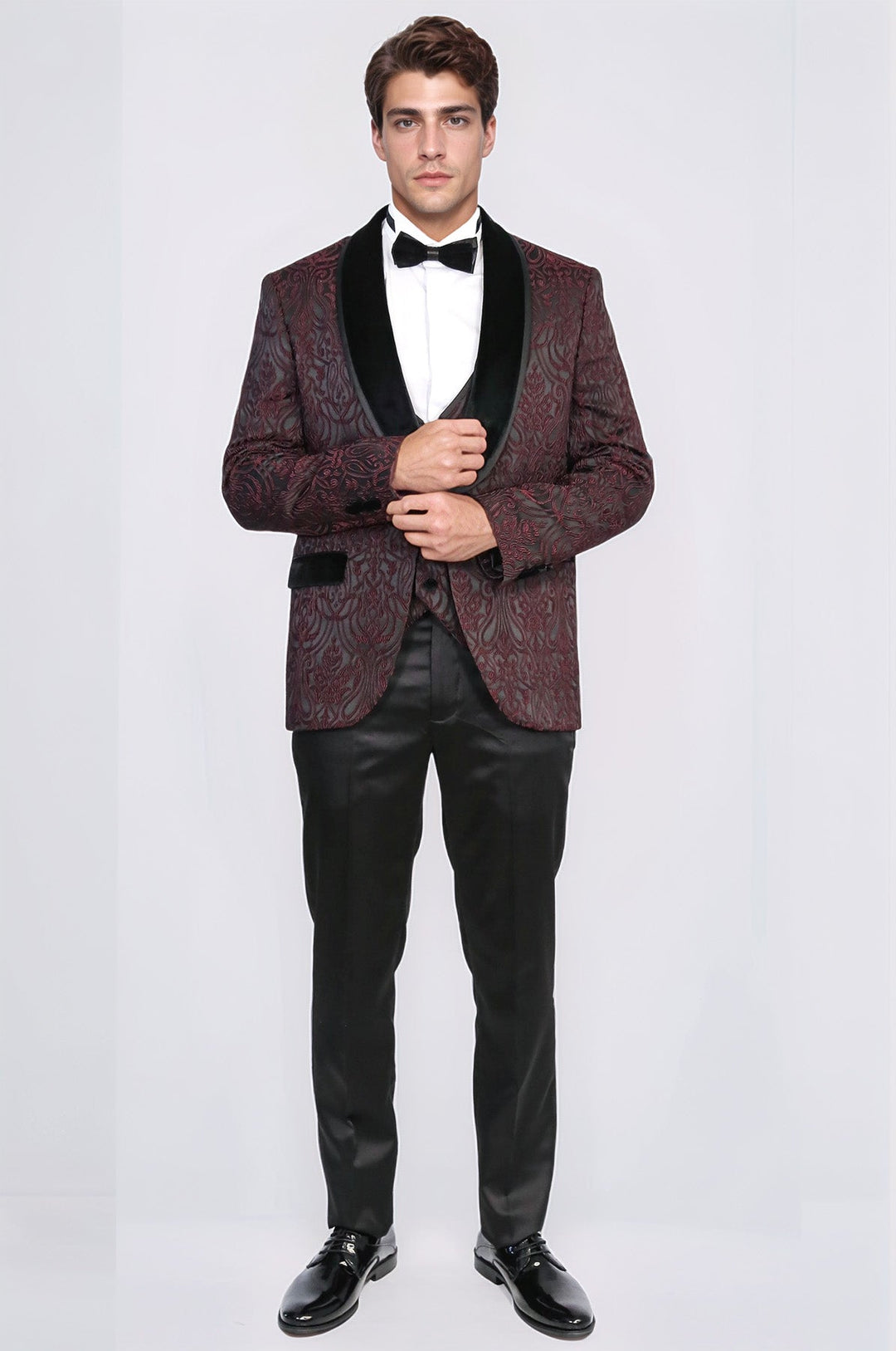 WSS Baroque Patterned Velvet Shawl Collar Vested Burgundy Tuxedo  - Gisborne