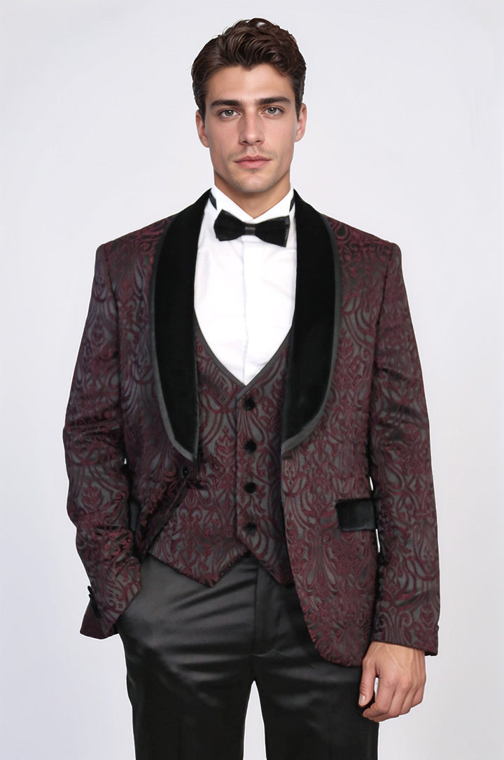 WSS Baroque Patterned Velvet Shawl Collar Vested Burgundy Tuxedo  - Gisborne