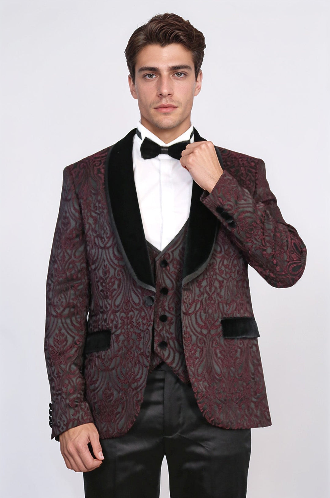 WSS Baroque Patterned Velvet Shawl Collar Vested Burgundy Tuxedo  - Gisborne