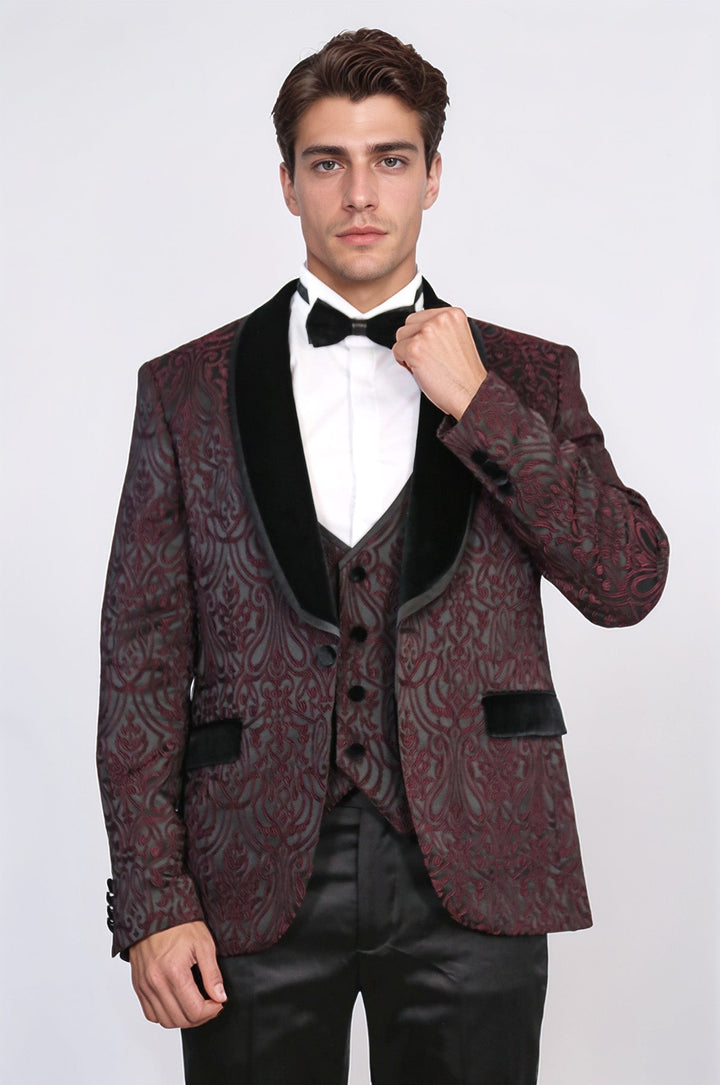 WSS Baroque Patterned Velvet Shawl Collar Vested Burgundy Tuxedo  - Gisborne