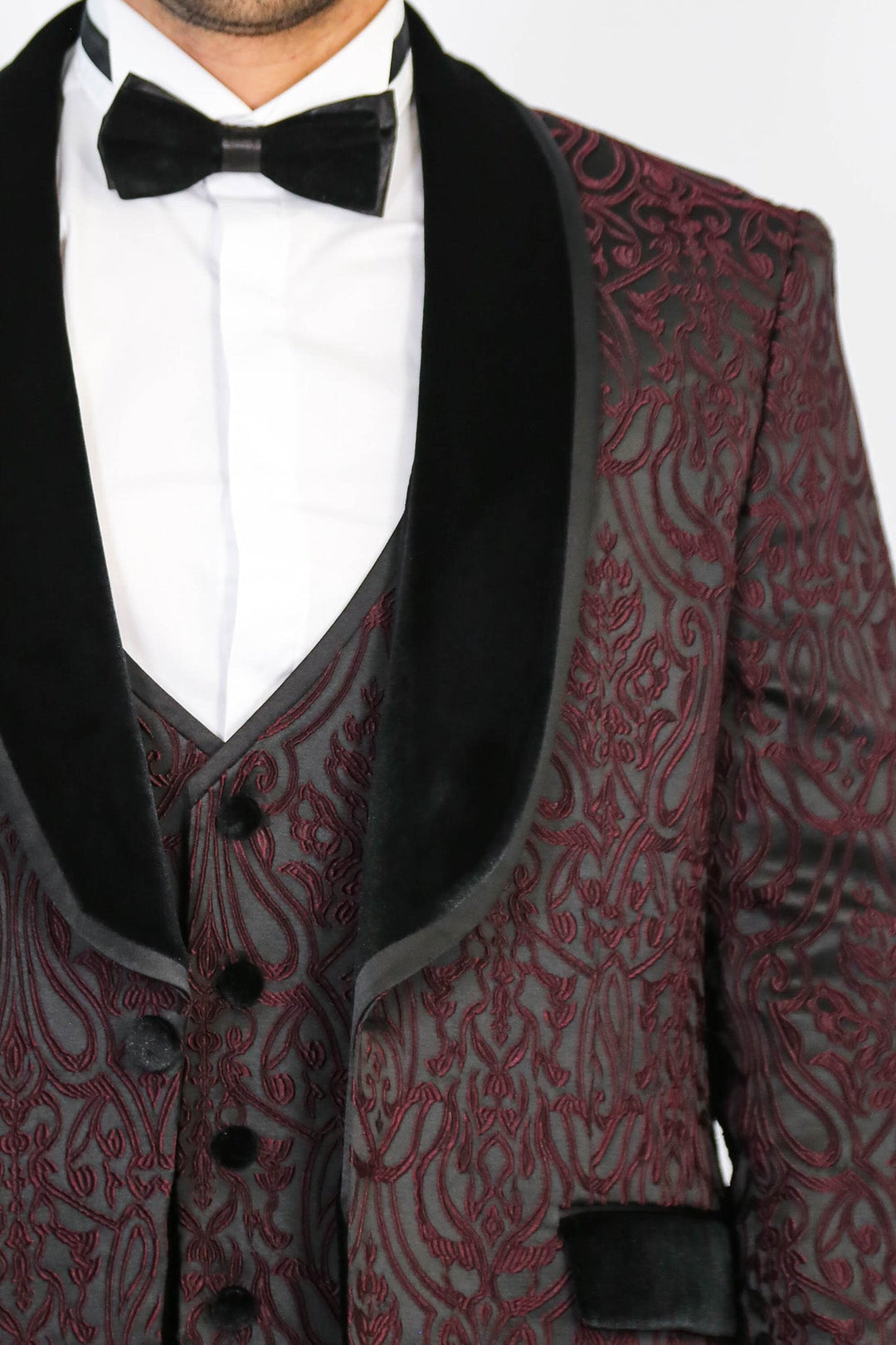 WSS Baroque Patterned Velvet Shawl Collar Vested Burgundy Tuxedo  - Gisborne