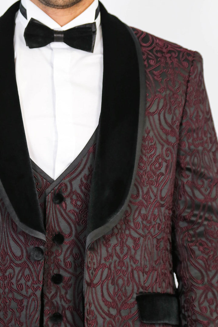 WSS Baroque Patterned Velvet Shawl Collar Vested Burgundy Tuxedo  - Gisborne