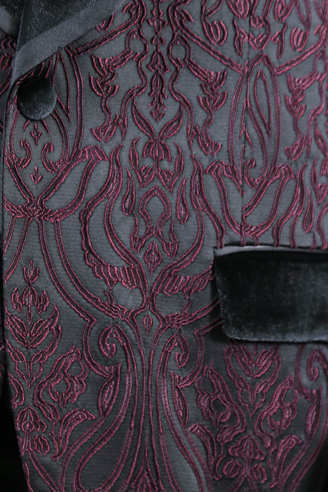 WSS Baroque Patterned Velvet Shawl Collar Vested Burgundy Tuxedo  - Gisborne