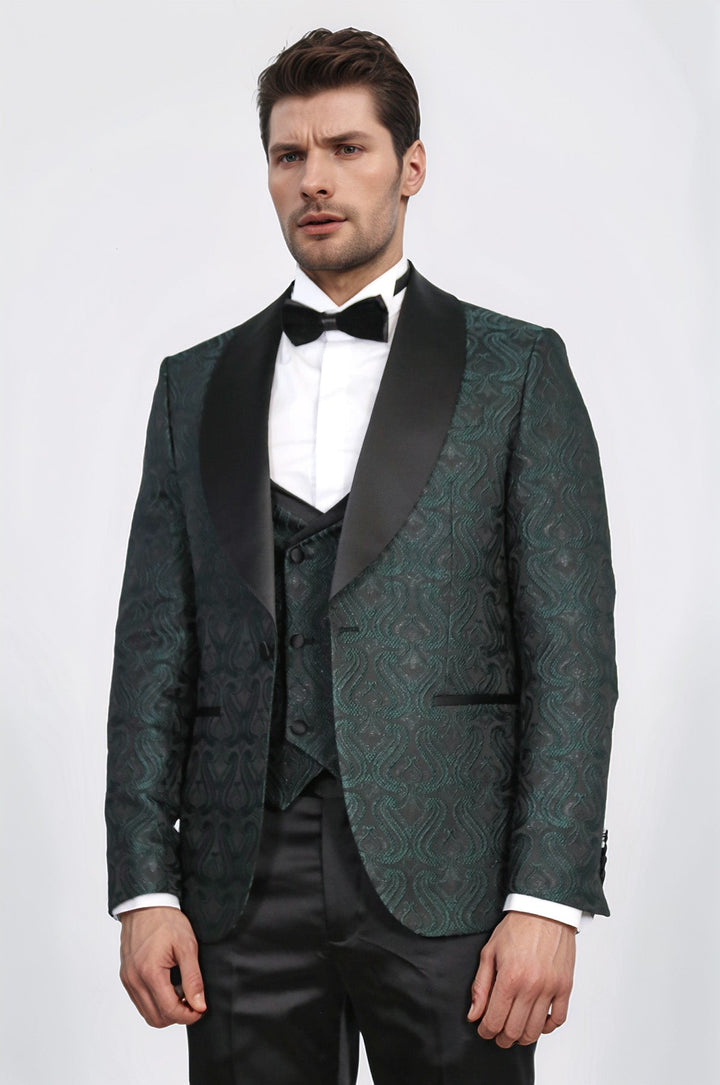 WSS Wavy Patterned Shawl Collar Vested Green Tuxedo  - Ciudad de Allende