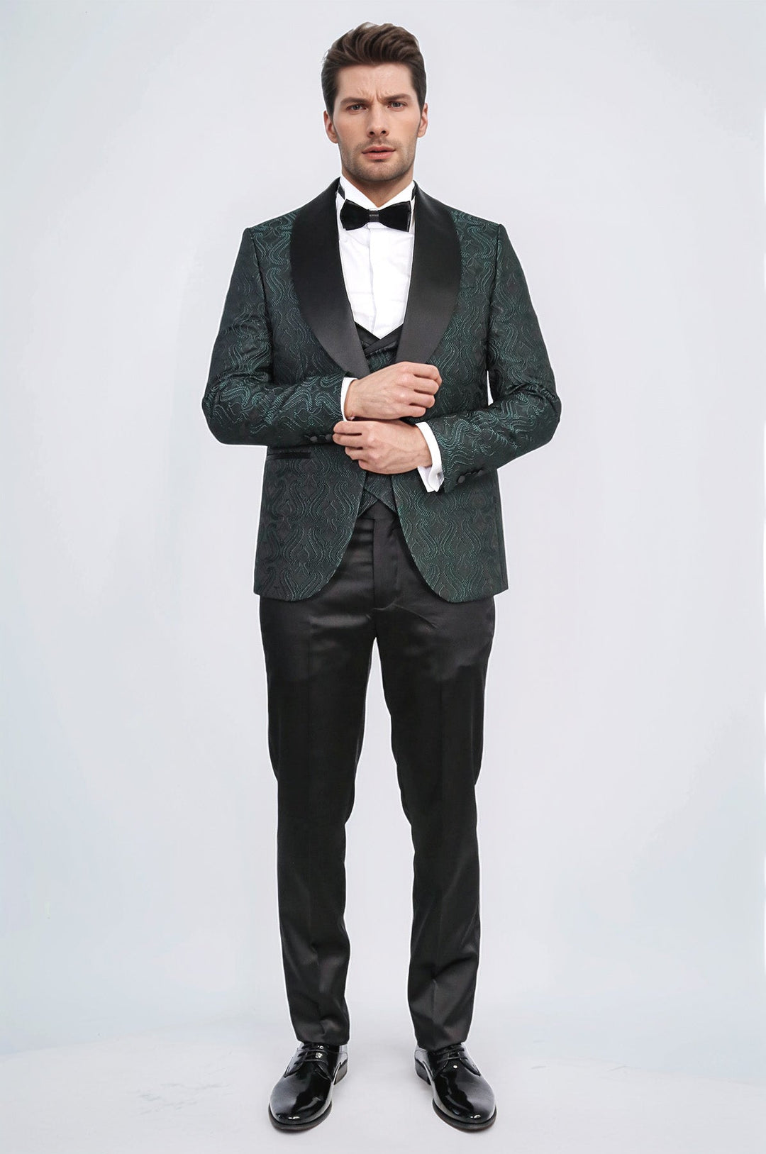 WSS Wavy Patterned Shawl Collar Vested Green Tuxedo  - Ciudad de Allende