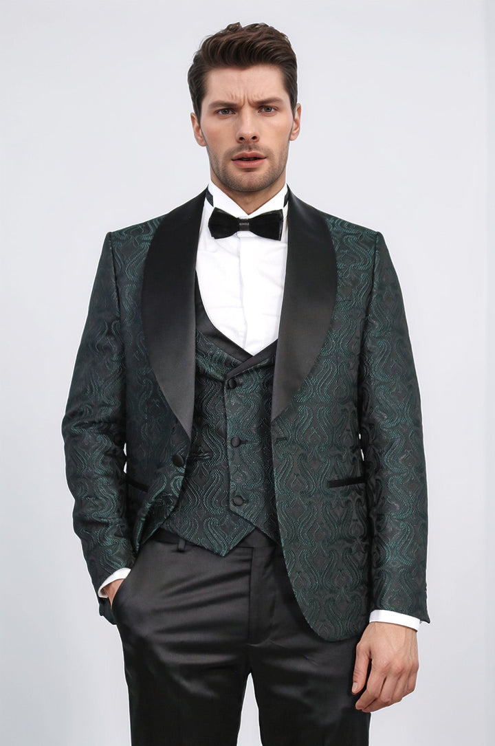 WSS Wavy Patterned Shawl Collar Vested Green Tuxedo  - Ciudad de Allende