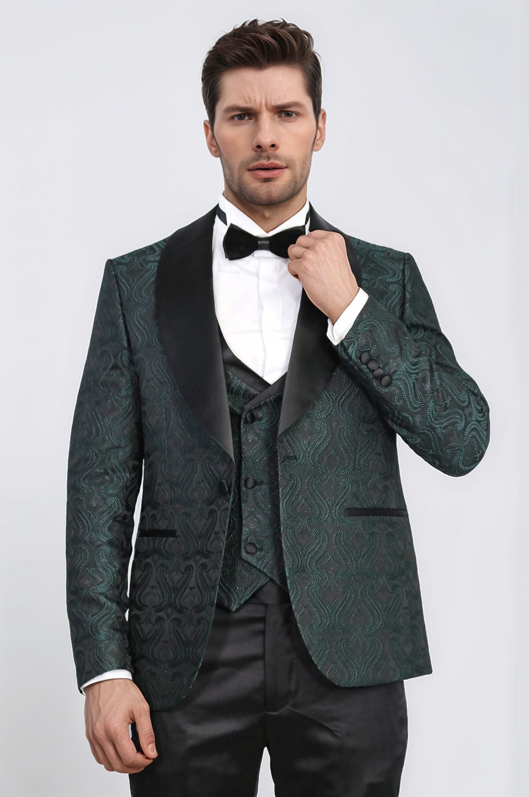 WSS Wavy Patterned Shawl Collar Vested Green Tuxedo  - Ciudad de Allende