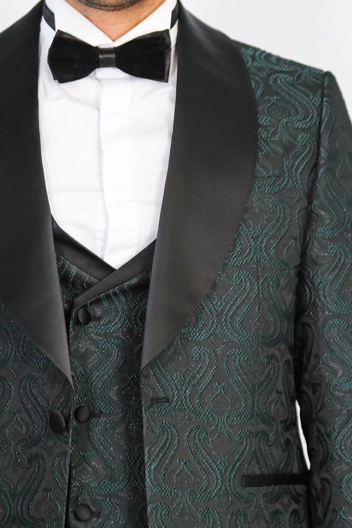 WSS Wavy Patterned Shawl Collar Vested Green Tuxedo  - Ciudad de Allende