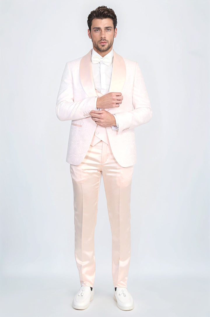 WSS Wavy Patterned Shawl Collar Vested Powder Pink Tuxedo  - Boulogne-sur-Mer