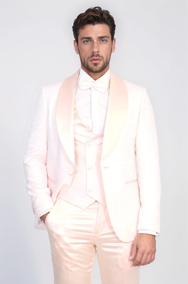 WSS Wavy Patterned Shawl Collar Vested Powder Pink Tuxedo  - Boulogne-sur-Mer