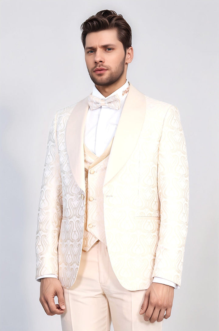 WSS Wavy Patterned Shawl Collar Vested Cream Tuxedo  - Country Club