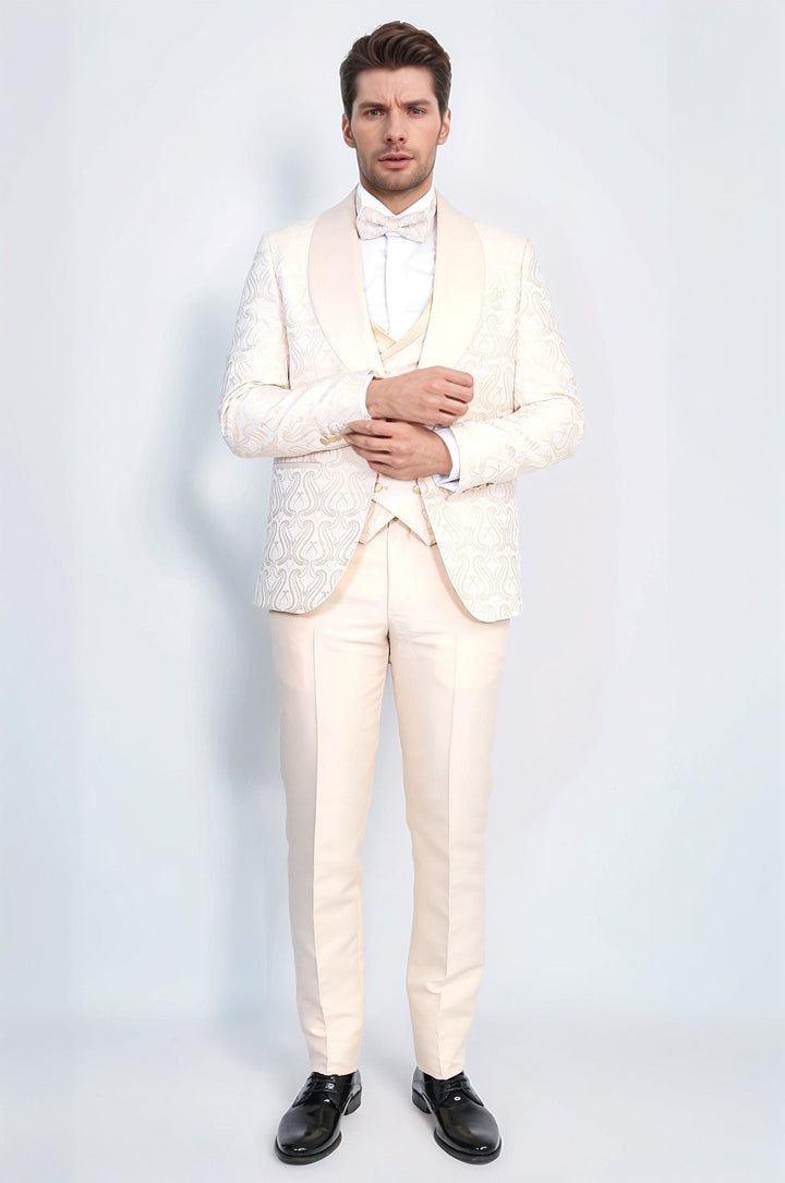 WSS Wavy Patterned Shawl Collar Vested Cream Tuxedo  - Country Club