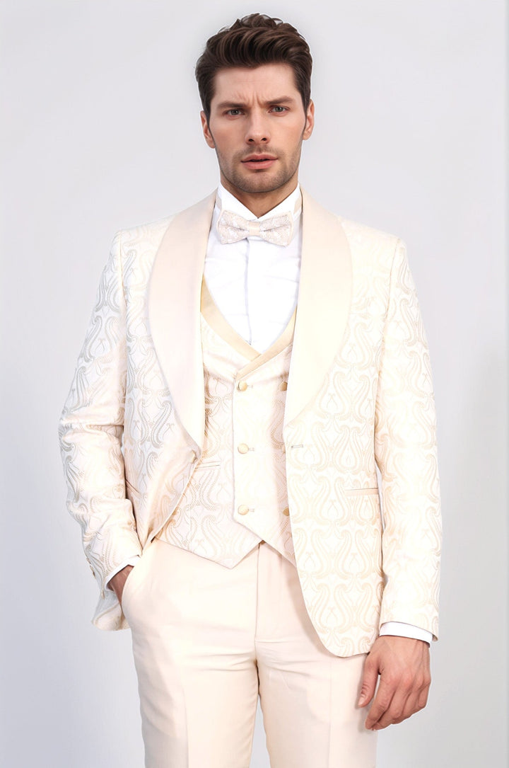 WSS Wavy Patterned Shawl Collar Vested Cream Tuxedo  - Country Club