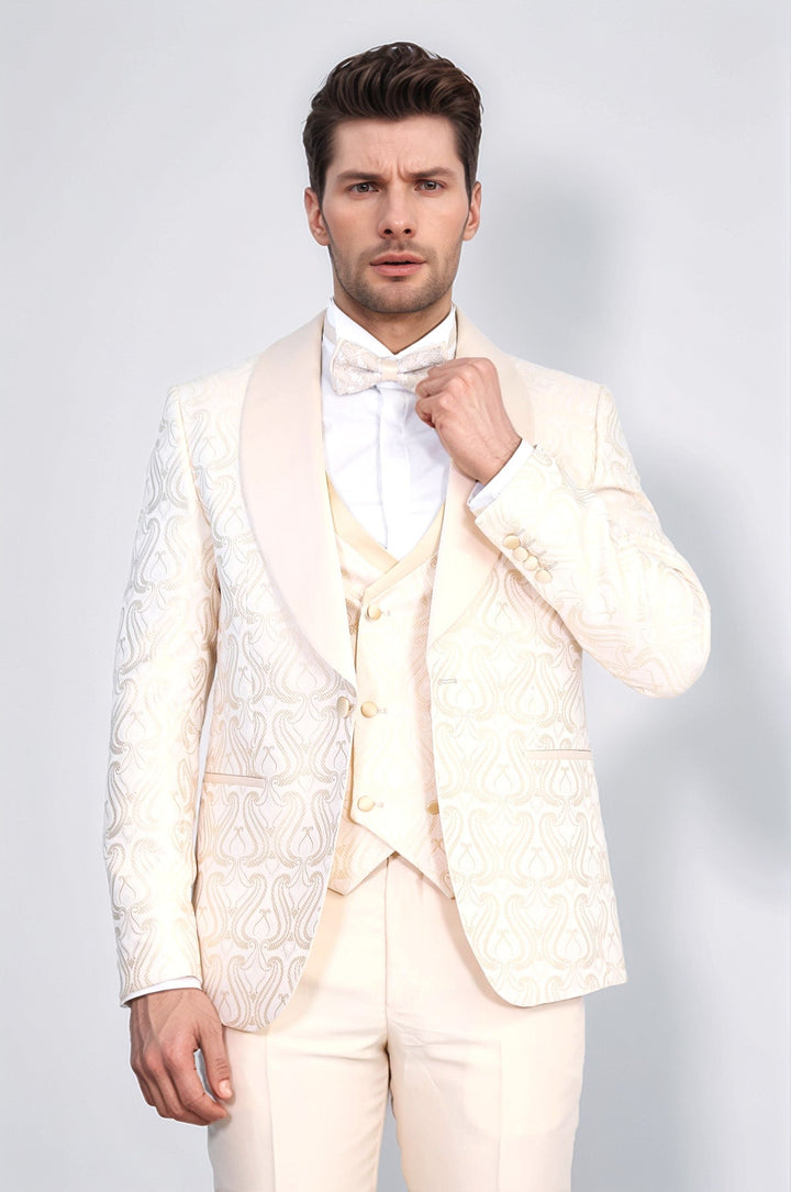 WSS Wavy Patterned Shawl Collar Vested Cream Tuxedo  - Country Club