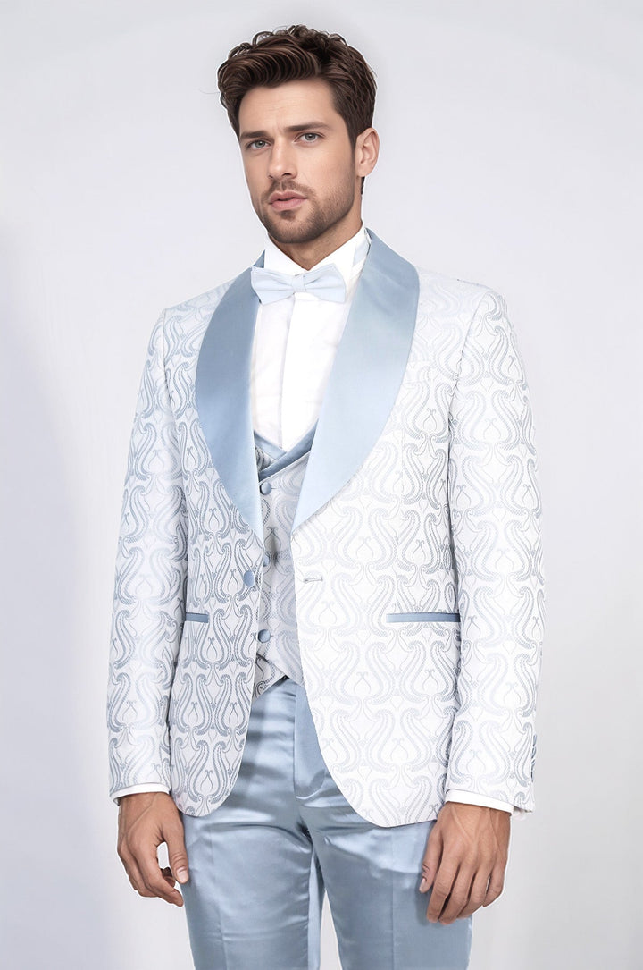 WSS Wavy Patterned Shawl Collar Vested Ice Blue Tuxedo  - Finglas
