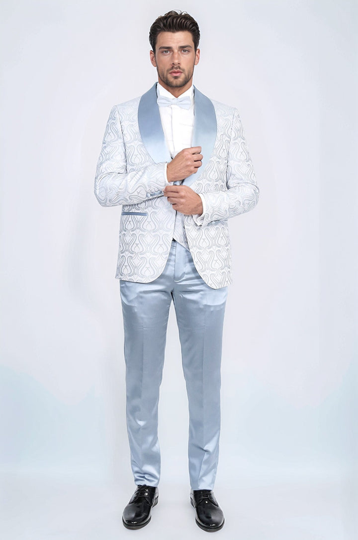 WSS Wavy Patterned Shawl Collar Vested Ice Blue Tuxedo  - Finglas